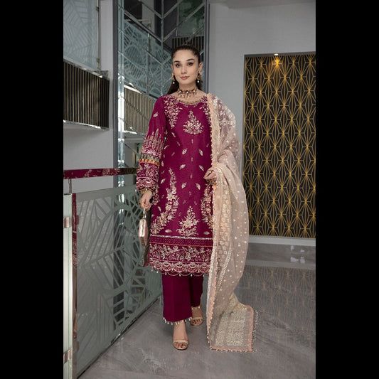 LUXURY LAWN EMBROIDERED 3 PC SUIT WITH ORGANZA DUPATTA