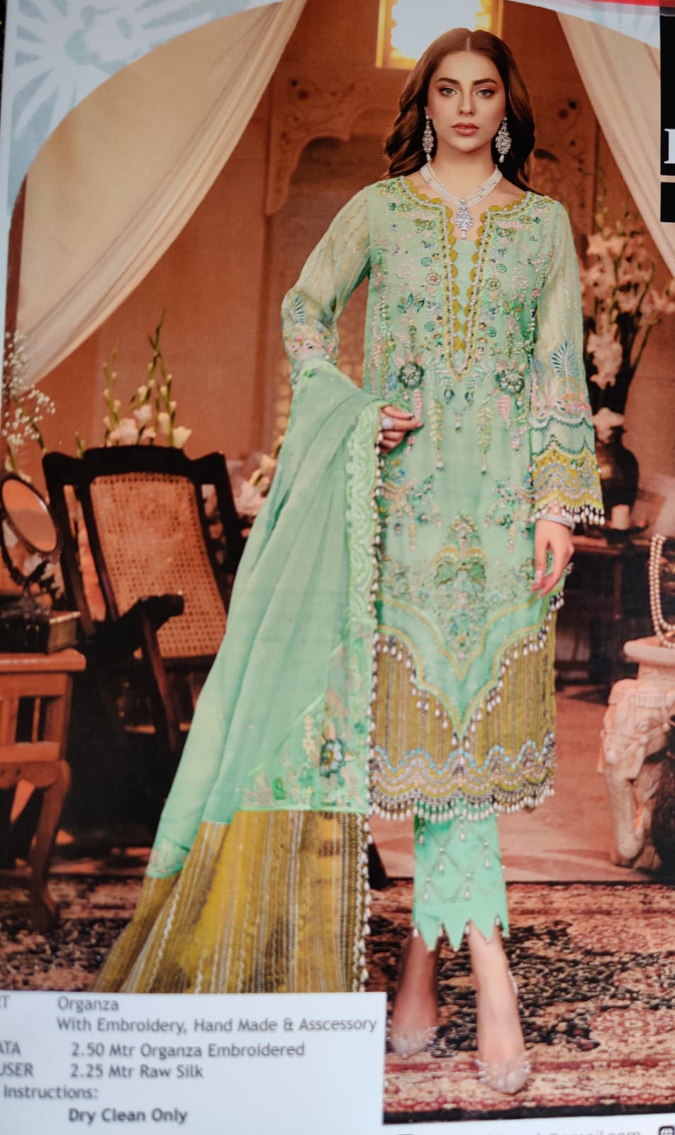 ORGANNZA EMBROIDERED 3 PC PARROT GREEN SUIT