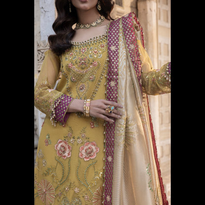 CHIFFON EMBROIDERED SHIRT, RAW SILK TROUSER AND GOLDEN TISSUE EMBROIDERED DUPATTA -