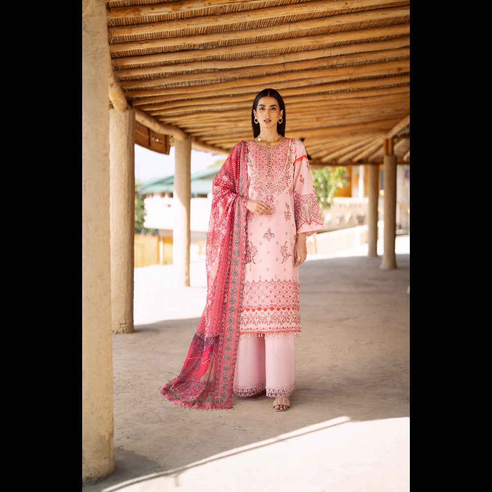 EMBROIDERED LAWN SHIRT, COTTON TROUSER AND SILK STONE DUPATTA 3 PC SUIT