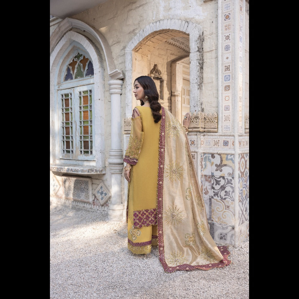 CHIFFON EMBROIDERED SHIRT, RAW SILK TROUSER AND GOLDEN TISSUE EMBROIDERED DUPATTA -