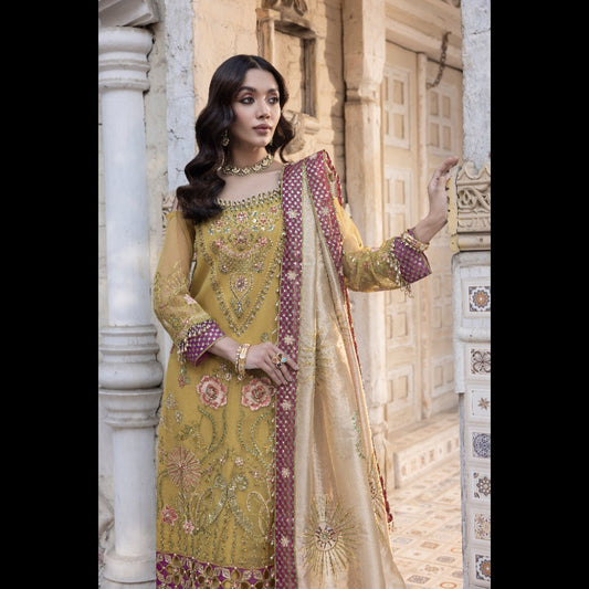 CHIFFON EMBROIDERED SHIRT, RAW SILK TROUSER AND GOLDEN TISSUE EMBROIDERED DUPATTA -