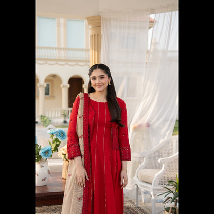 ELEGANT RED FASHION 3 PC LUXURY LAWN EMBROIDERED