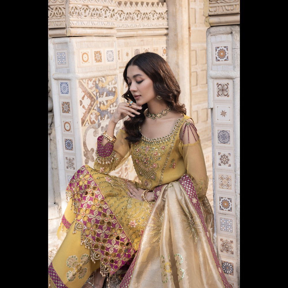 CHIFFON EMBROIDERED SHIRT, RAW SILK TROUSER AND GOLDEN TISSUE EMBROIDERED DUPATTA -