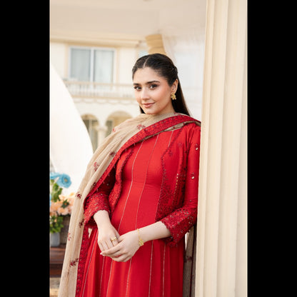 ELEGANT RED FASHION 3 PC LUXURY LAWN EMBROIDERED