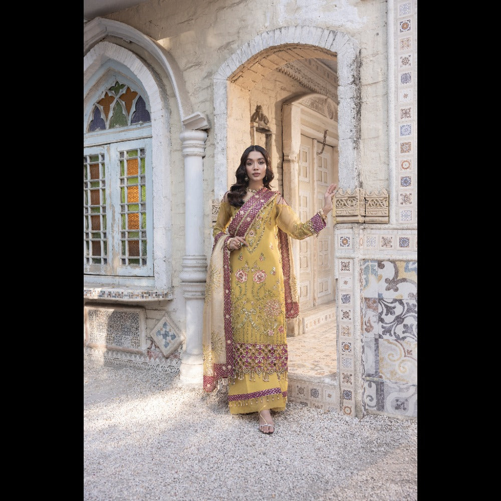 CHIFFON EMBROIDERED SHIRT, RAW SILK TROUSER AND GOLDEN TISSUE EMBROIDERED DUPATTA -