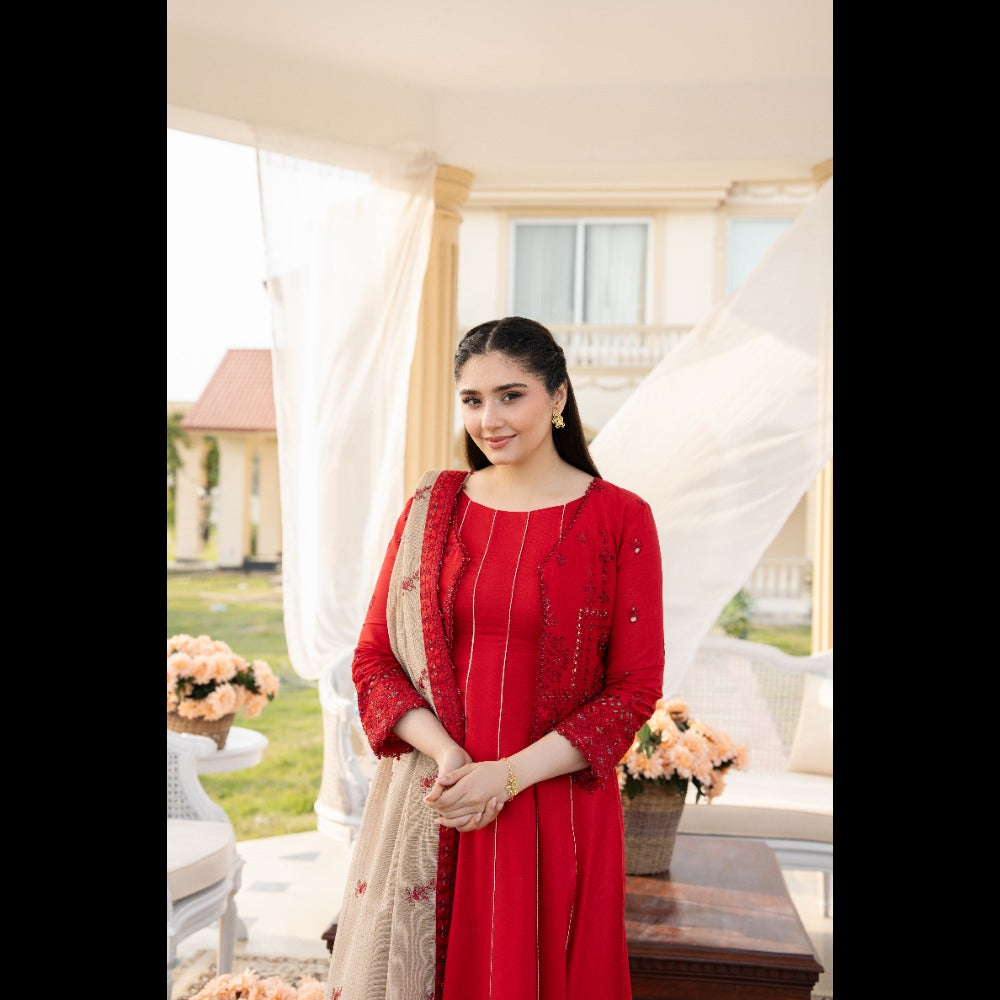 ELEGANT RED FASHION 3 PC LUXURY LAWN EMBROIDERED