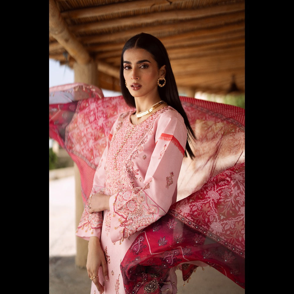 EMBROIDERED LAWN SHIRT, COTTON TROUSER AND SILK STONE DUPATTA 3 PC SUIT