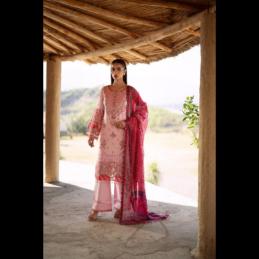 EMBROIDERED LAWN SHIRT, COTTON TROUSER AND SILK STONE DUPATTA 3 PC SUIT